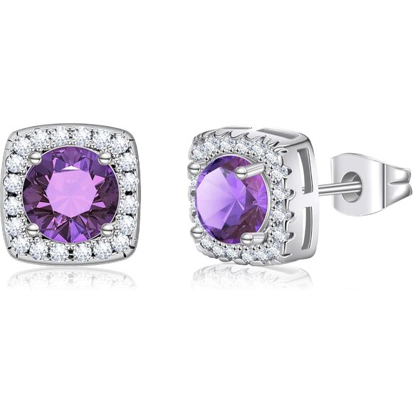 Women's Purple Square Simulated Dainty Diamond Halo Sparkling Stud Earring - Picture 9 of 9